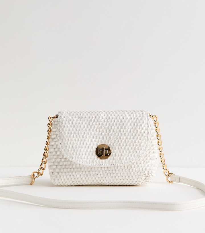 White Raffia Look Turn Lock Cross Body Bag