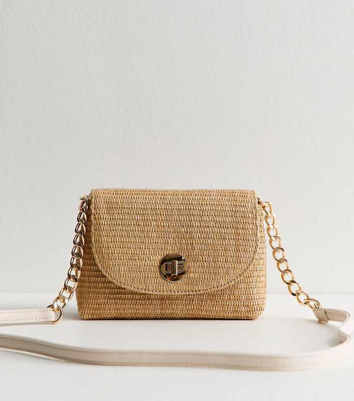 Stone Raffia Look Turn Lock Cross Body Bag