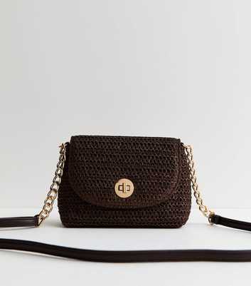 Dark Brown Raffia Look Turn Lock Cross Body Bag