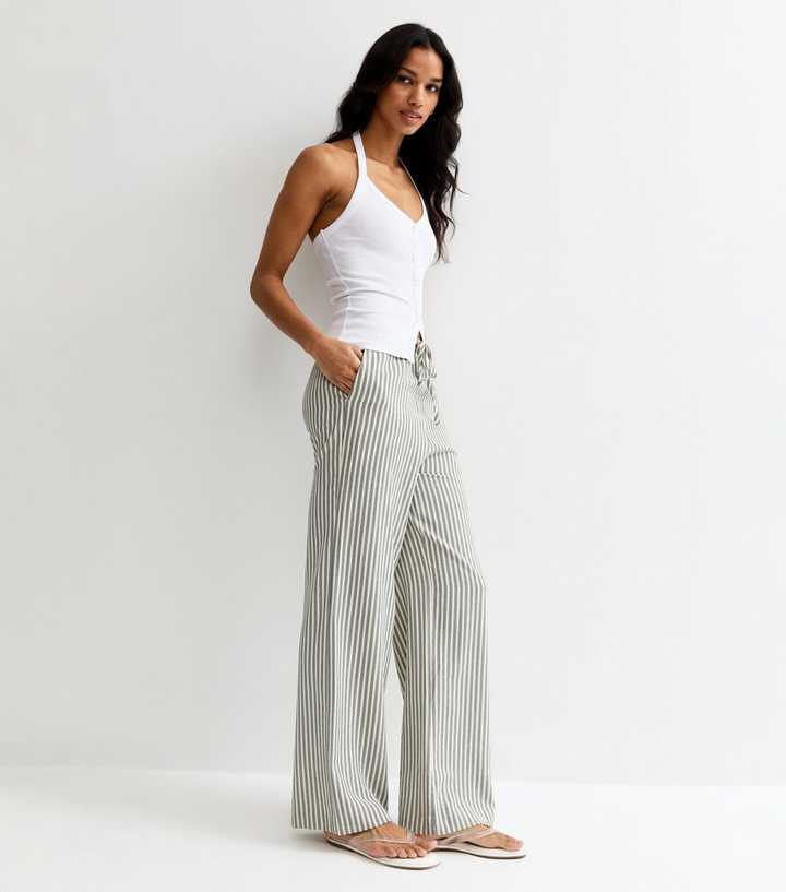 Cream Striped Seersucker Wide Leg Trousers