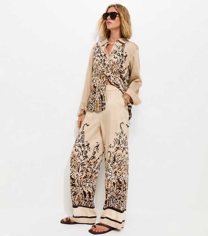 Brown Tiger Print Wide Leg Trousers