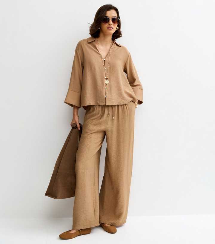 Camel Crinkle Wide Leg Trousers