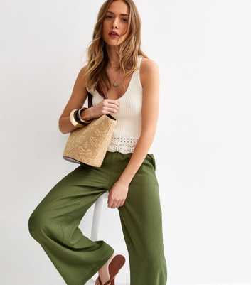 Khaki Crinkle Wide Leg Trousers