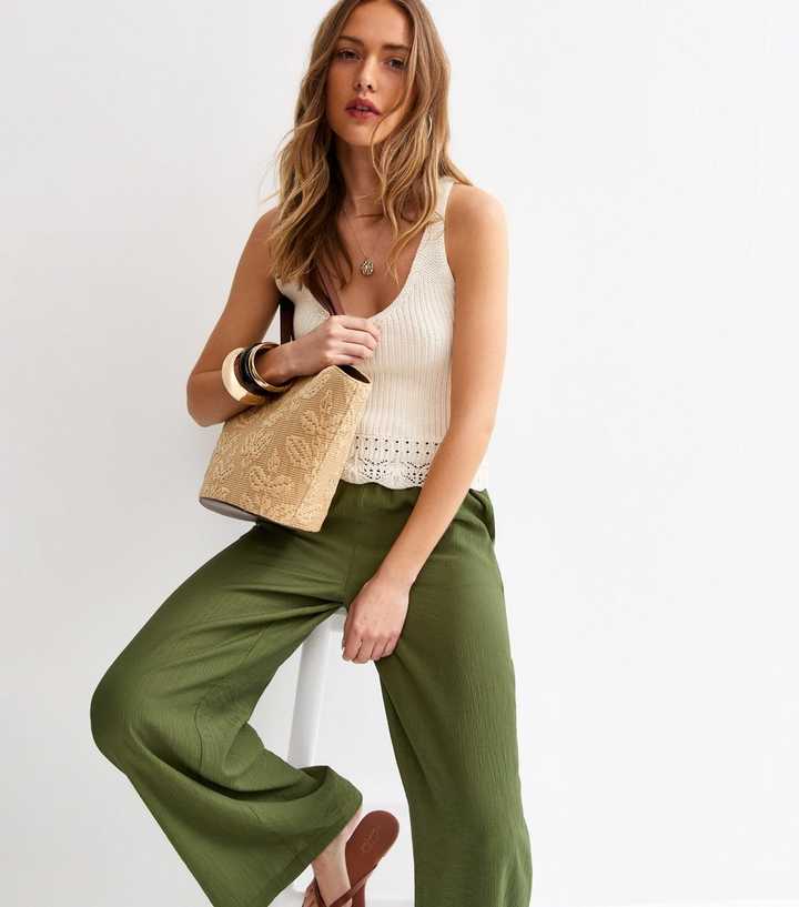 Khaki Crinkle Wide Leg Trousers