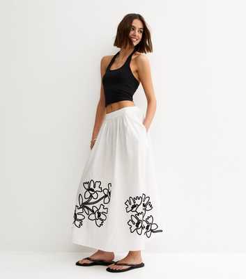 Cream Flower Embroidered Midi Skirt