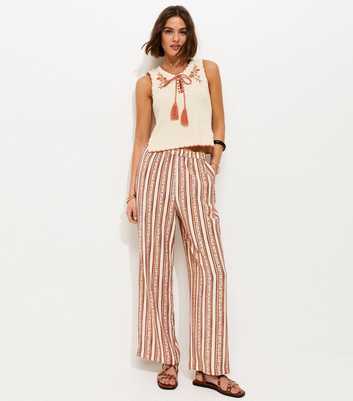 Red Floral Striped Wide Leg Trousers