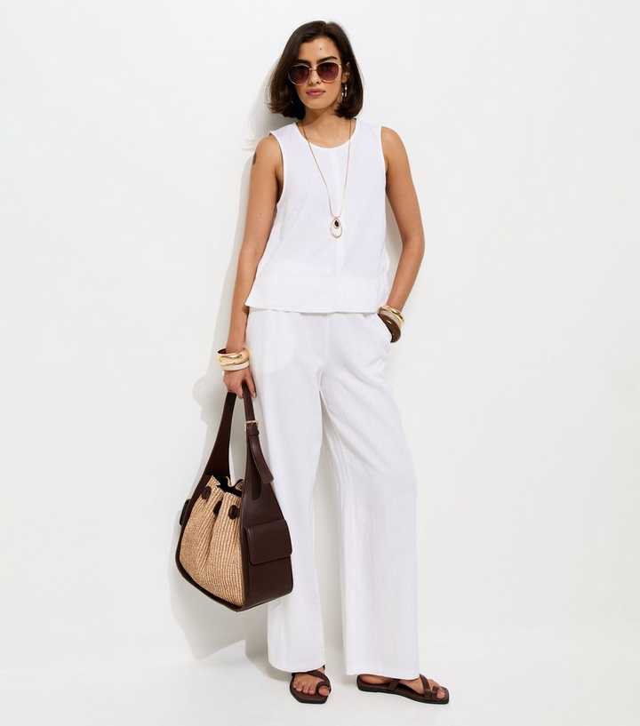 White Linen Blend Wide Leg Trousers