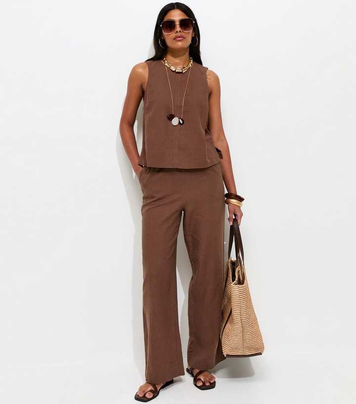 Dark Brown Linen Blend Wide Leg Trousers