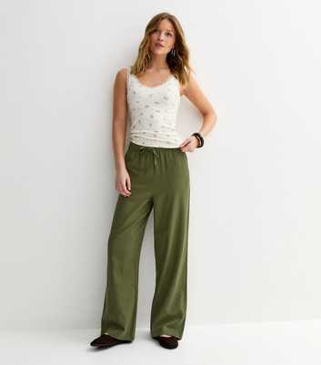 Green Linen Blend Wide Leg Trousers