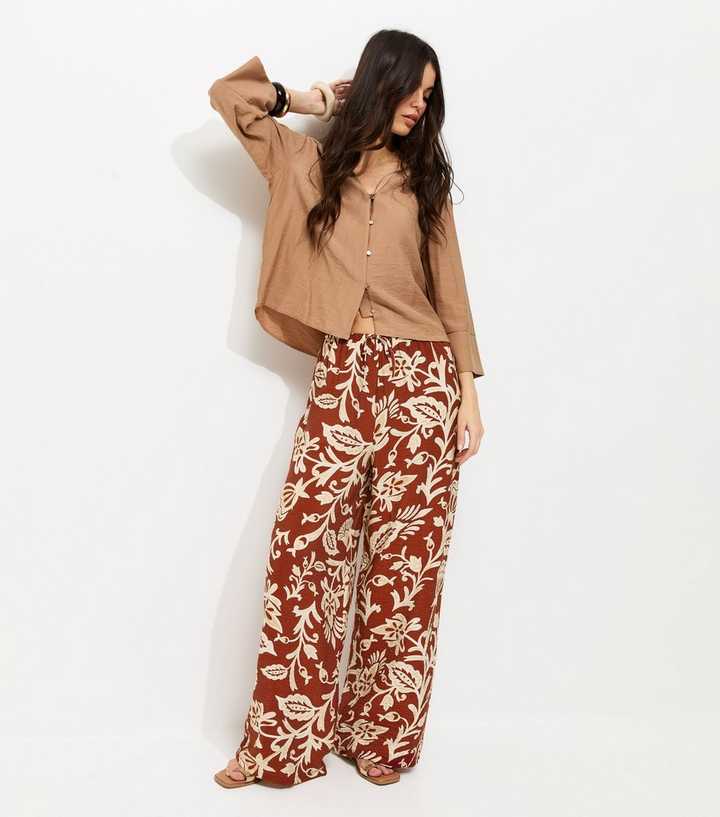 Red Folk Leaf Print Wide Leg Trousers