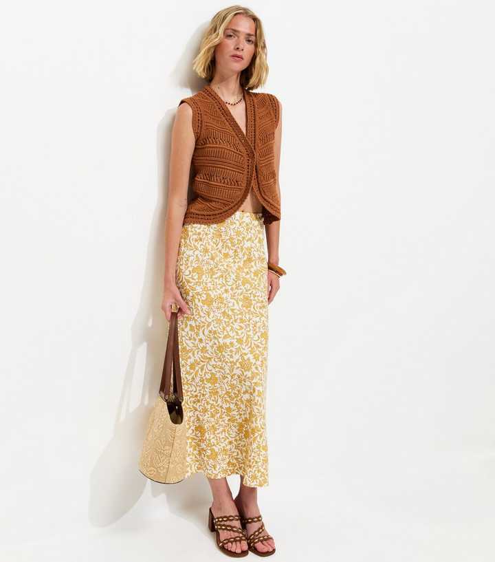 Yellow Linen Blend Floral Bias Cut Midi Skirt
