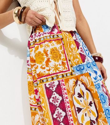 Yellow Baroque Scarf Print Tiered Midi Skirt | New Look