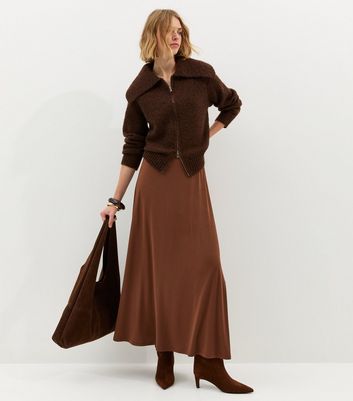 Dark Brown Midweight Jersey Full Skirt | New Look