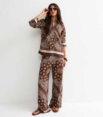 Brown Paisley Wide Leg Trousers