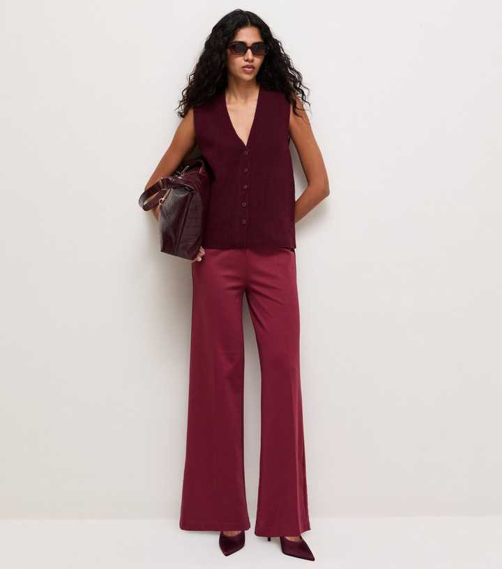Dark Burgundy Wide Leg Jersey Trousers