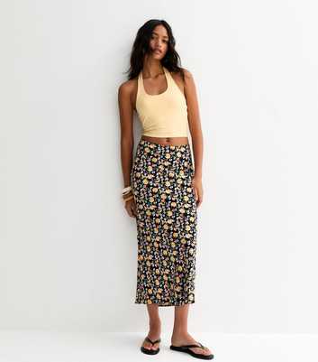 Black Fruit Print Bias Cut Midi Skirt