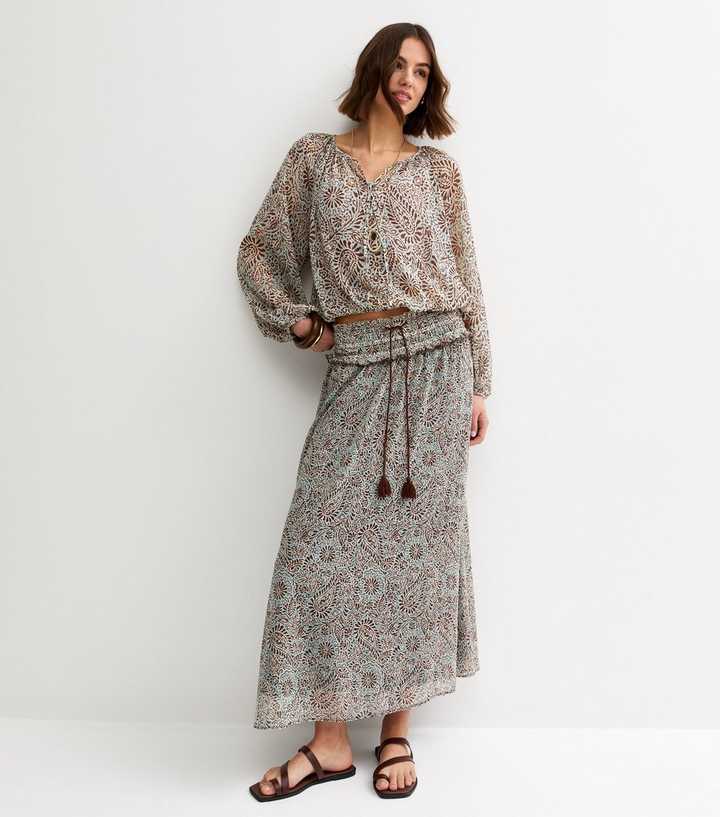 Blue Paisley Chiffon Tassel Tie Midi Skirt