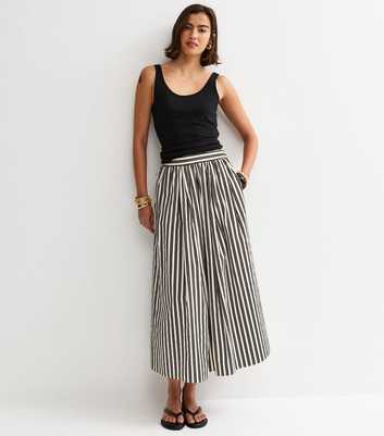 Black Cotton Poplin Striped Midi Skirt