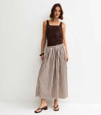 Brown Cotton Poplin Striped Midi Skirt