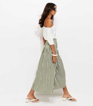 Green Cotton Poplin Striped Midi Skirt