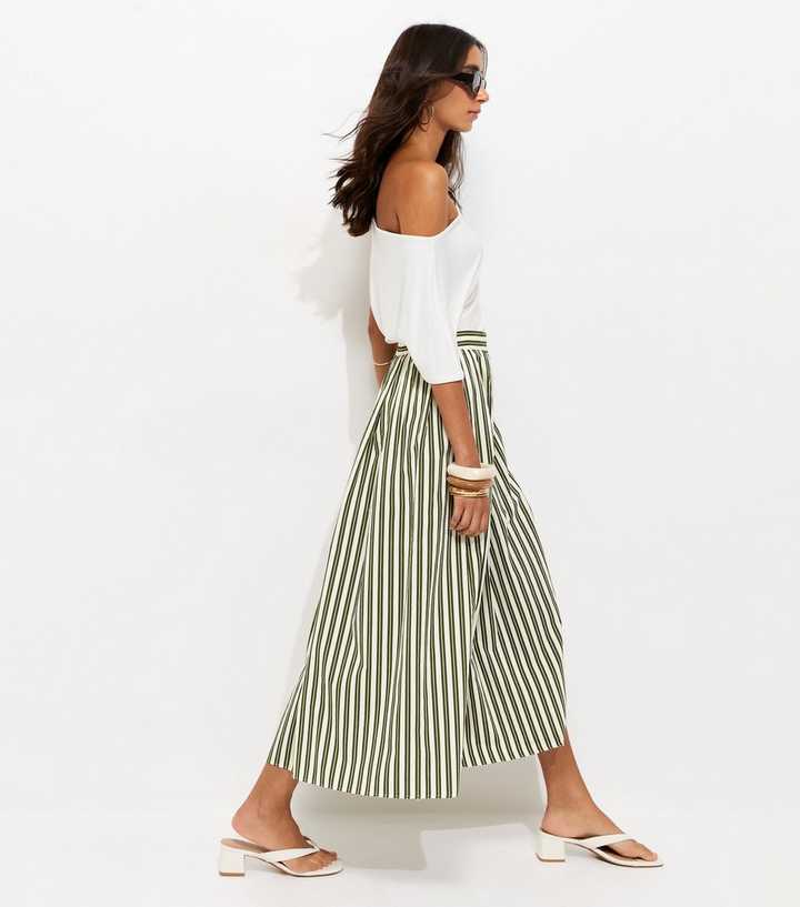 Green Cotton Poplin Striped Midi Skirt
