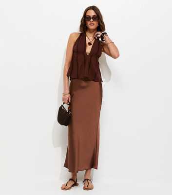 Dark Brown Satin Bias Cut Midi Skirt