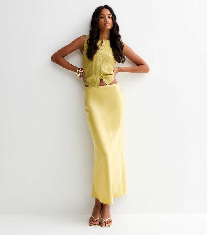 Light Green Satin Bias Cut Midi Skirt