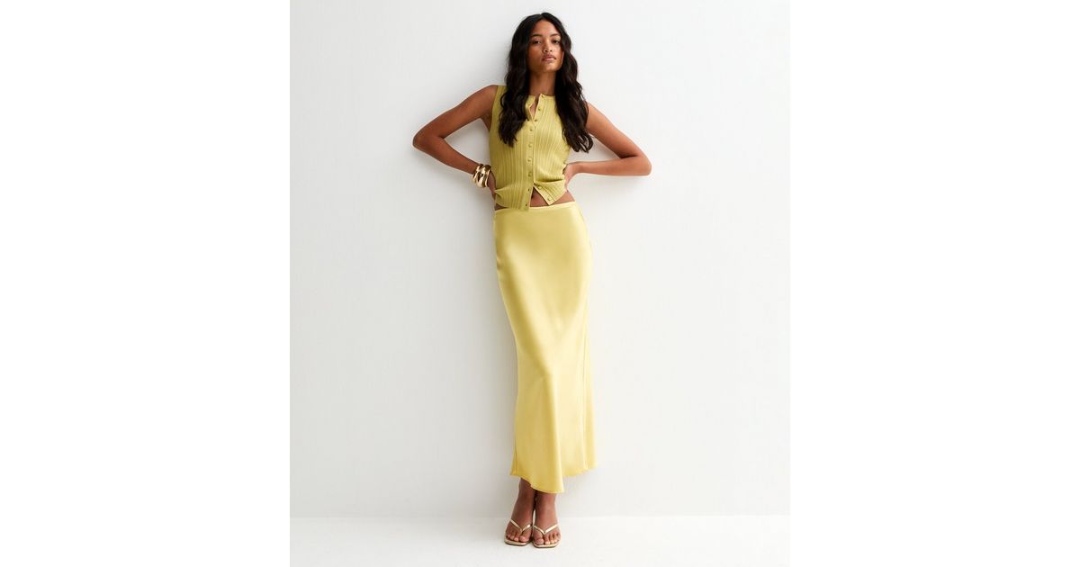 Light Green Satin Bias Cut Midi Skirt