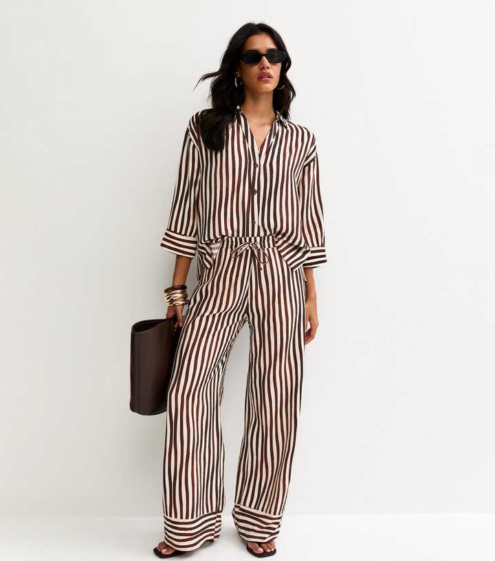 Brown and Cream Striped Wide Leg Trousers