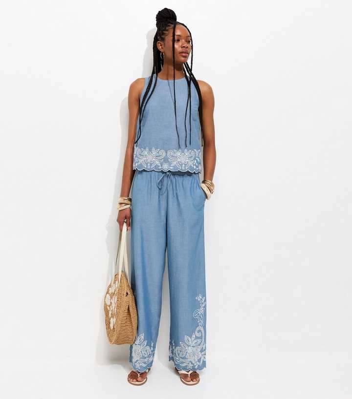 Light Blue Chambray Embroidered Hem Wide Leg Trousers