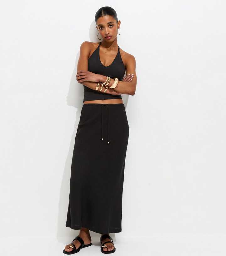 Black Linen Look Bias Cut Midi Skirt