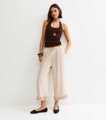 Stone Linen Look Cropped Ruffle Hem Trousers