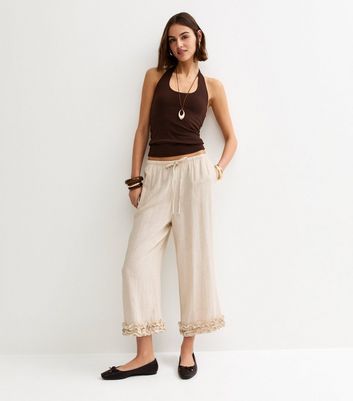 Stone Linen Look Cropped Ruffle Hem Trousers | New Look
