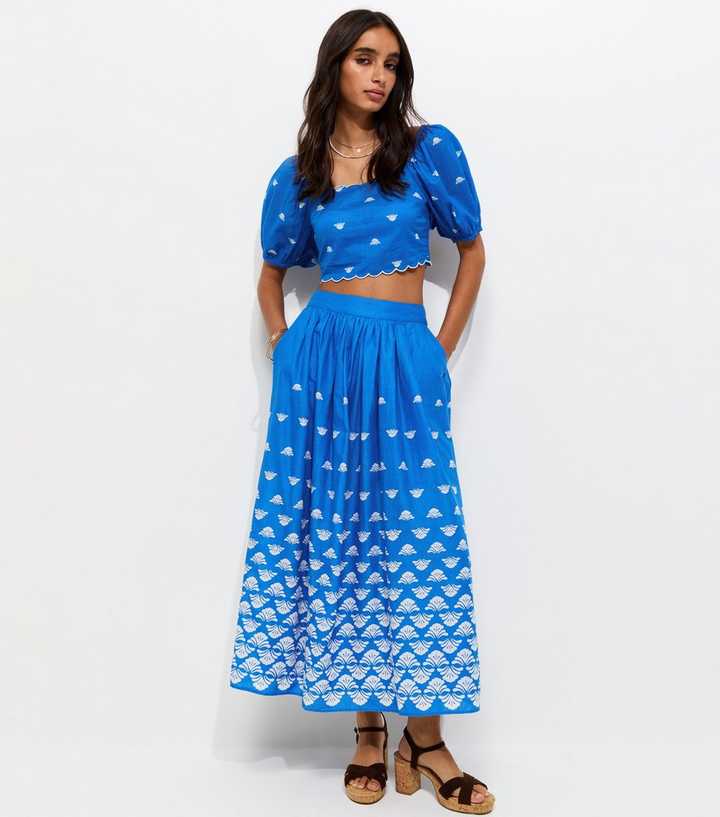Bright Blue Flower Print Gathered Midi Skirt