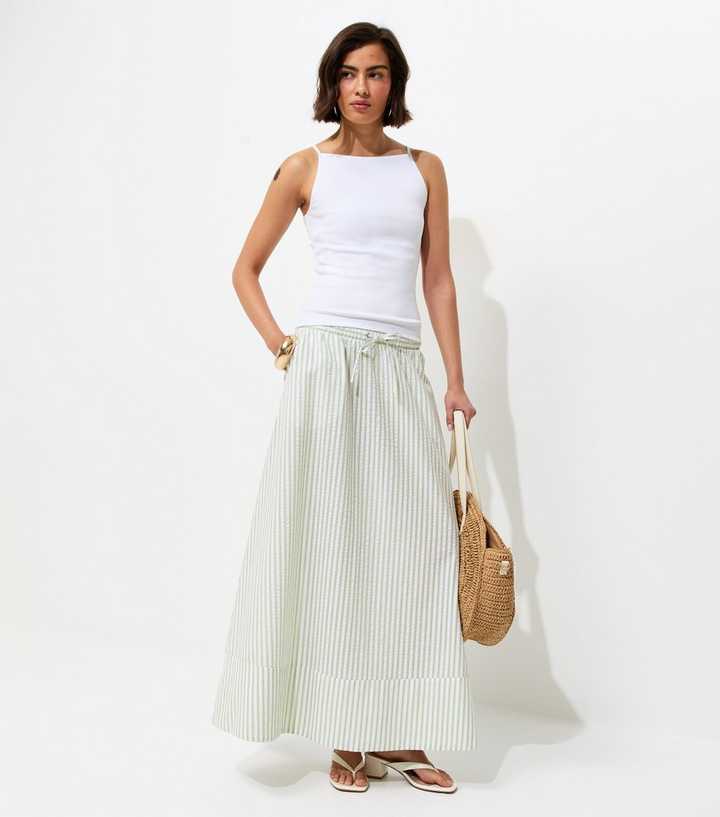 Green Striped Cotton Seersucker Circle Maxi Skirt