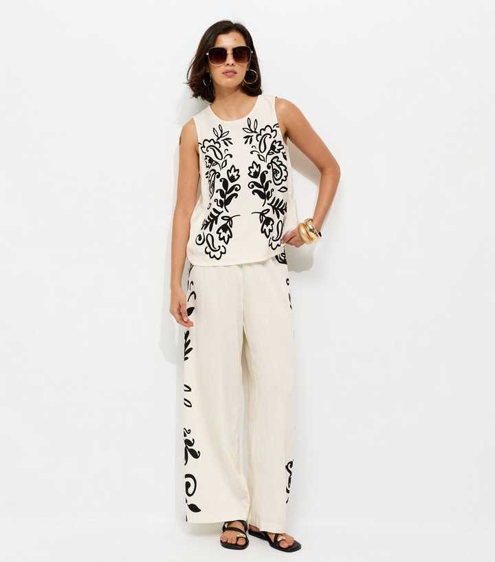 Cream and Black Floral Side Wide Leg Trousers