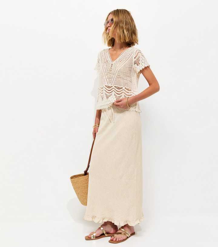 Stone with Linen Ruffle Hem Midi Skirt