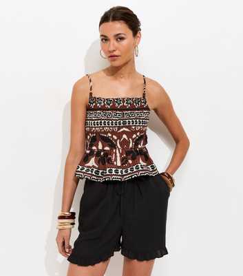 Black Drawstring Waist Ruffle Trim Shorts