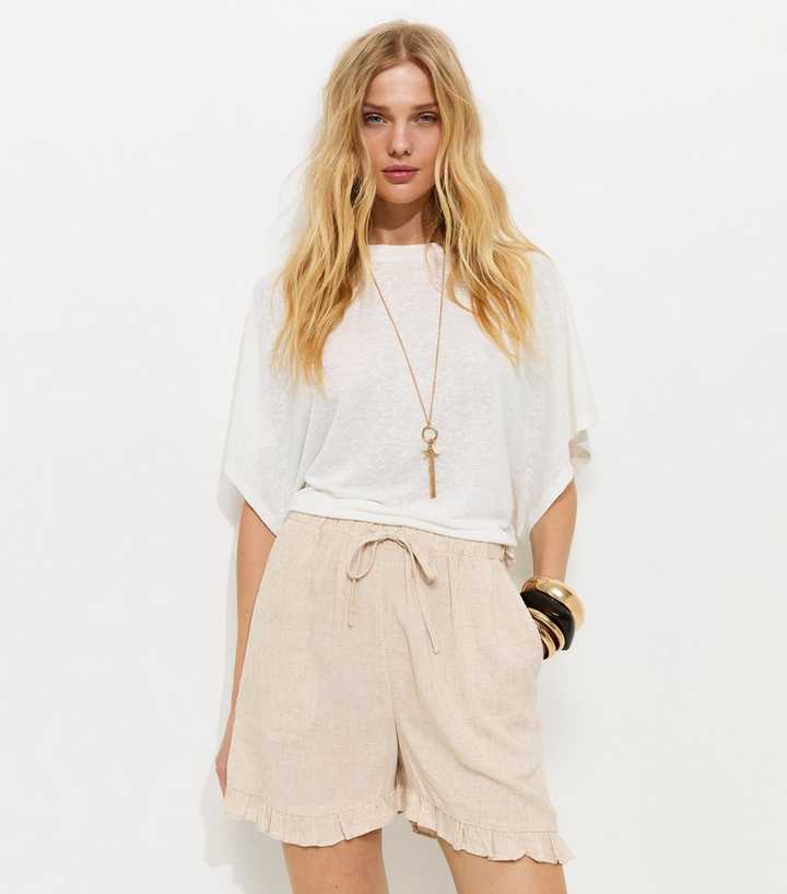 Stone Drawstring Waist Ruffle Trim Shorts