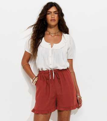 Rust Drawstring Waist Ruffle Trim Shorts