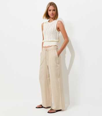 Stone Linen Look Wide Leg Drawstring Trousers