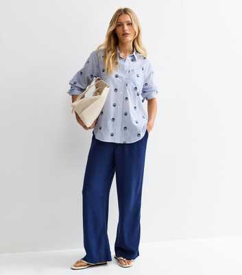 Navy Linen Look Wide Leg Drawstring Trousers