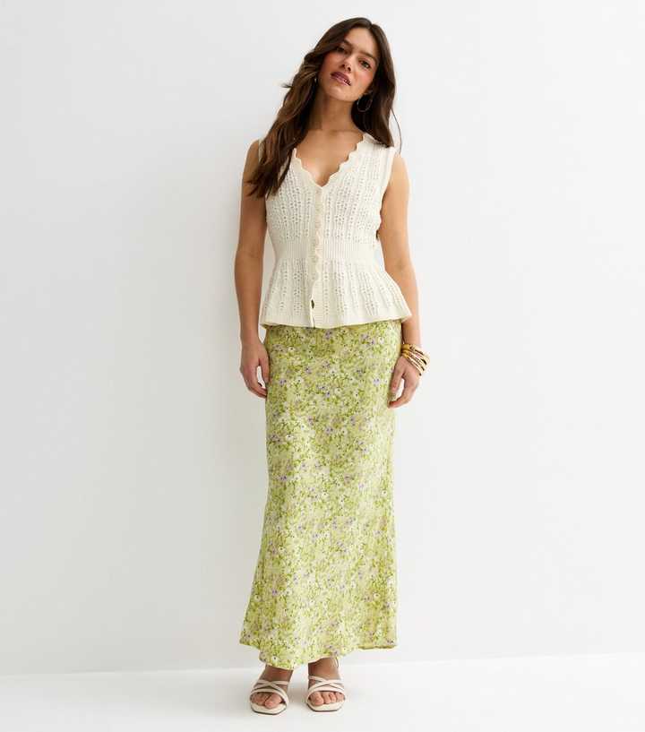 Petite Green Floral Print Bias Cut Midi Skirt