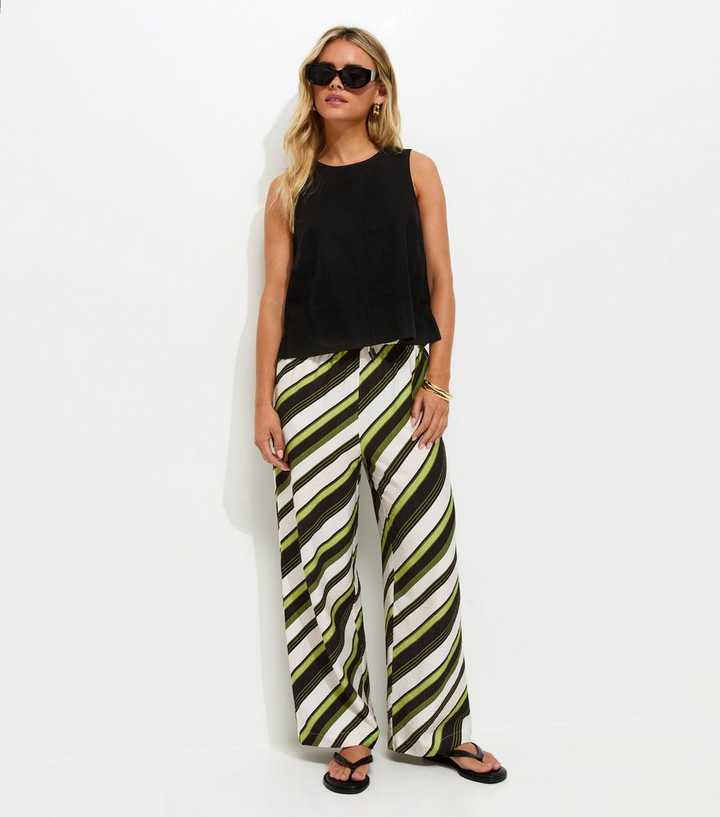 Petite Green Diagonal Stripe Wide Leg Trousers