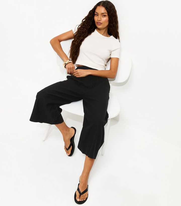 Petite Black Linen Blend Cropped Trousers