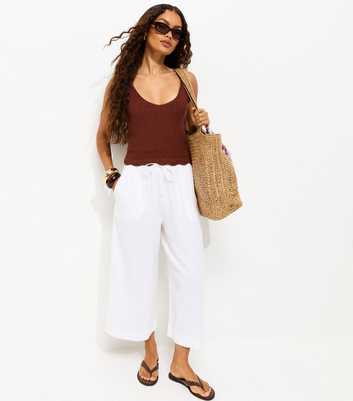 Petite White Linen Blend Cropped Trousers