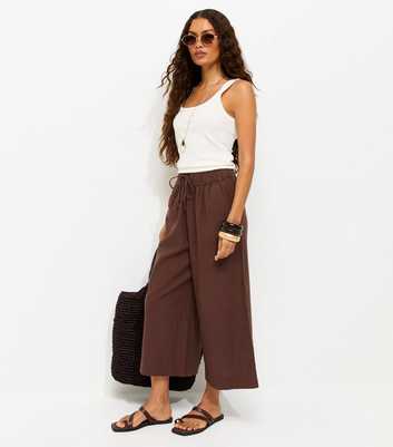 Petite Dark Brown Linen Blend Cropped Trousers