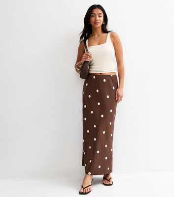 Petite Brown Linen Blend Polka Dot Bias Cut Midi Skirt