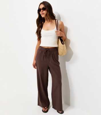 Petite Dark Brown Linen Blend Wide Leg Trousers
