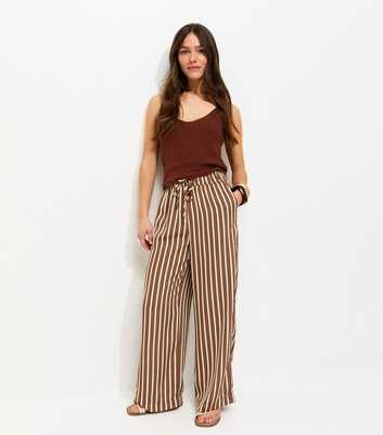 Petite Cream Stripe Print Linen Blend Wide Leg Trousers